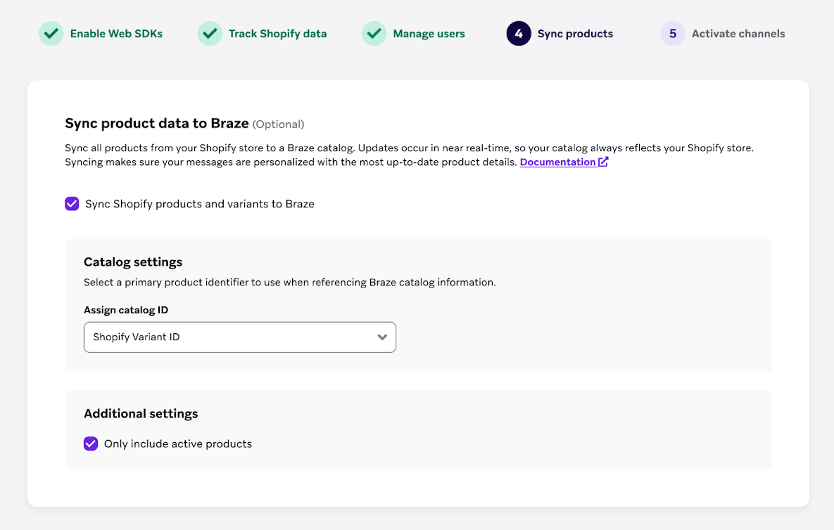 設定プロセスのステップ 3。「カタログの商品の識別子」に「Shopify バリアント ID」が設定されている。