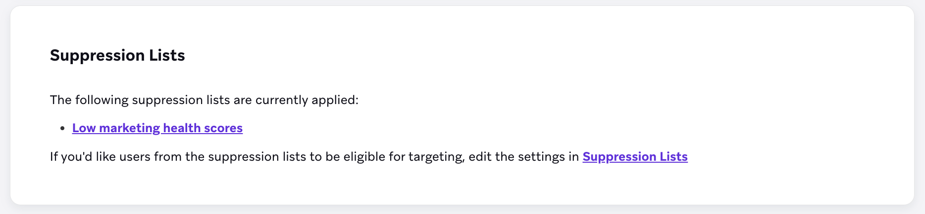 "Suppression Lists"セクションには、&quot と呼ばれる1 つのアクティブな抑制リストがあります。これは、マーケティングヘルススコアとクォートの低さです。