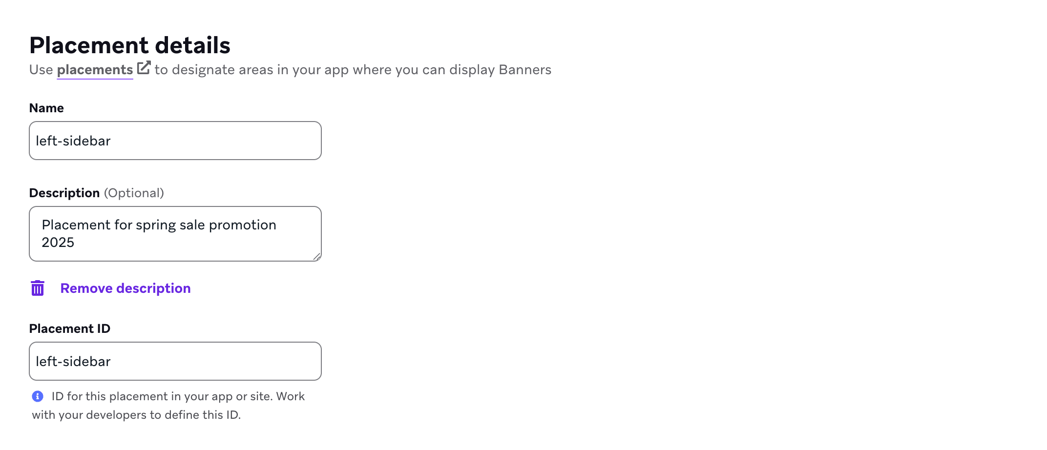 Placement details that designate a Banner will display in the left sidebar for spring sale promotion campaigns.