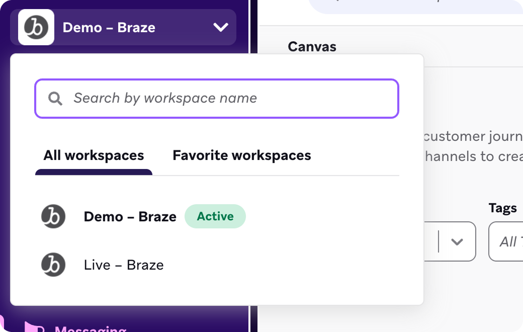 Brazeダッシュボードのワークスペース・ドロップダウンで、アクティブなワークスペースとして "Demo - Braze "が選択されている。