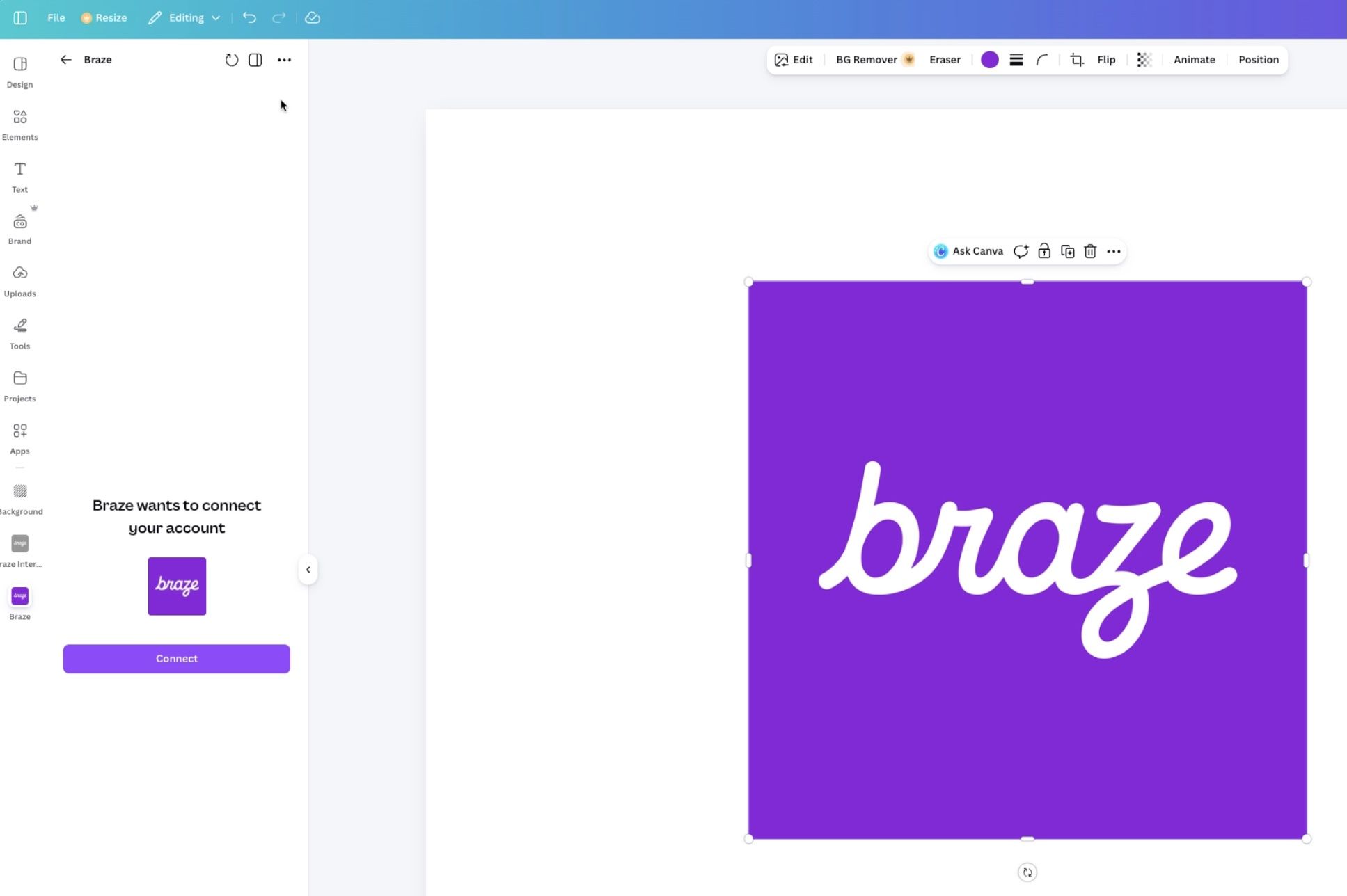 CanvaとBrazeを連携するための接続ボタンと認証フロー。