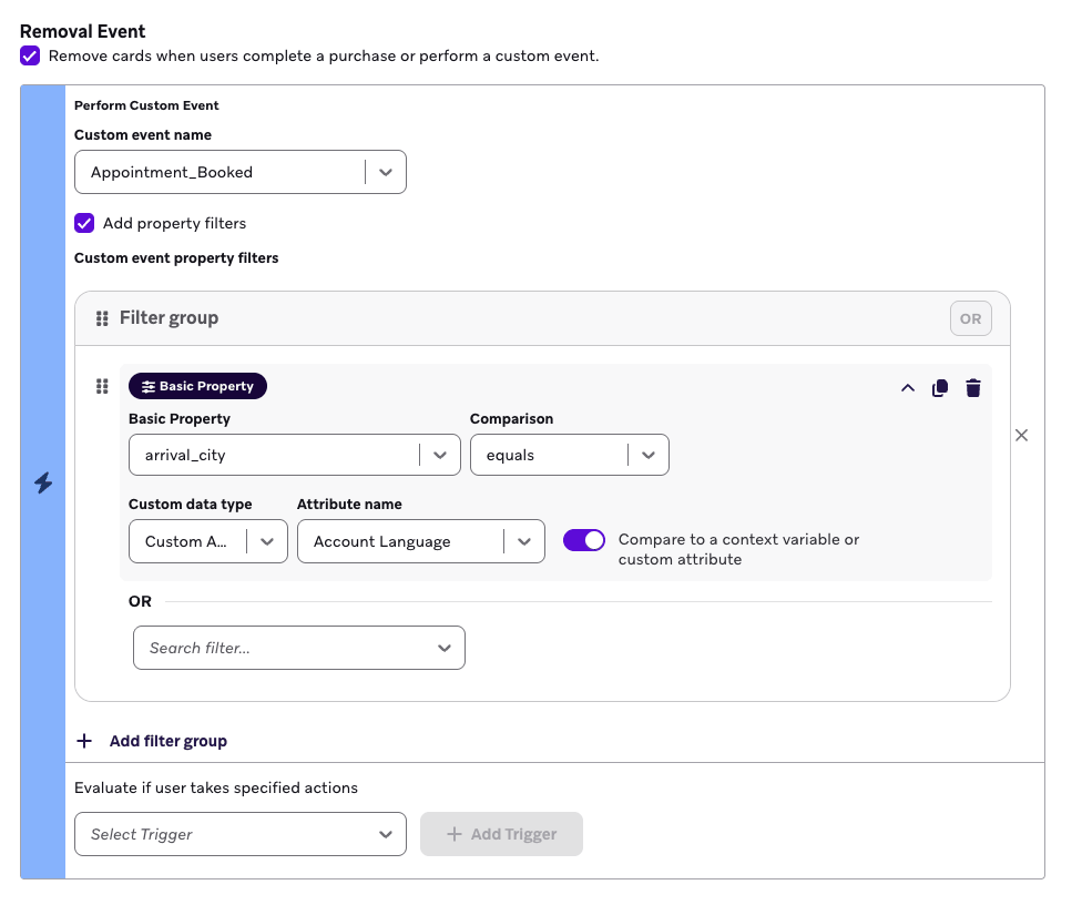 「Perform Custom Event」が選択され、コンテキスト変数またはカスタム属性を使用したプロパティフィルターが設定されたContent Cards削除イベント設定。