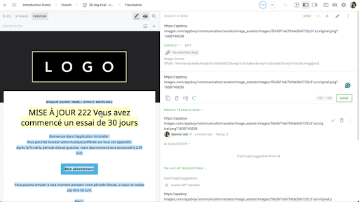Crowdin エディターのプレビュータブ。ローカライズされたメール HTML と翻訳可能な文字列が表示されています。