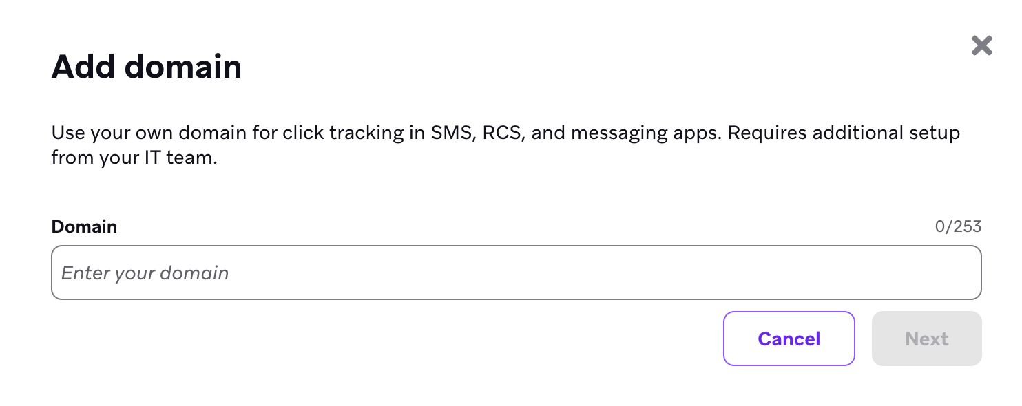 「SMS/RCSおよびメッセージングアプリドメイン」ページにある「ドメインを追加」ボタン。
