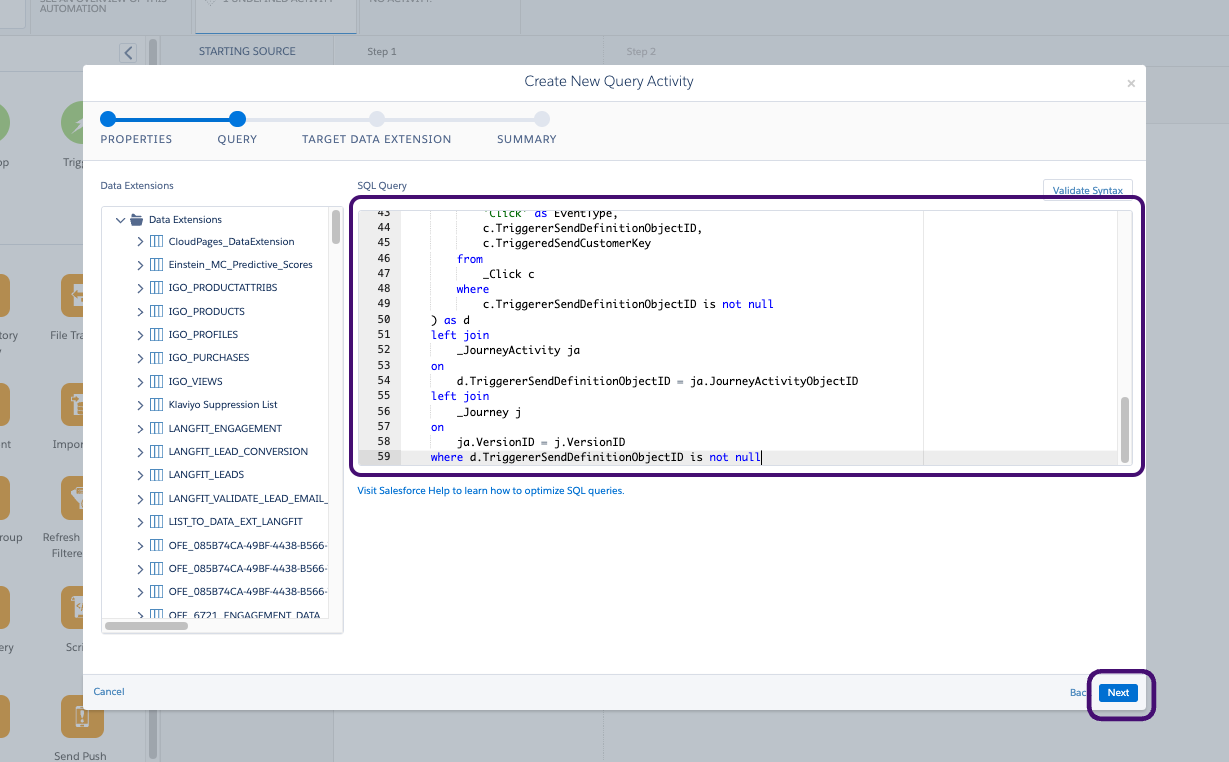 SQL Query セクションのクエリの例。
