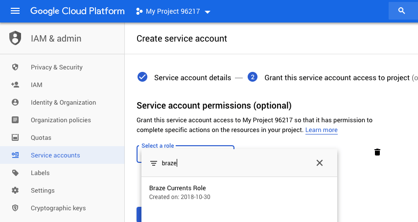 Google Cloud Platform のサービス作成ページで、「Select a Role」フィールドにロールの名前を入力する。
