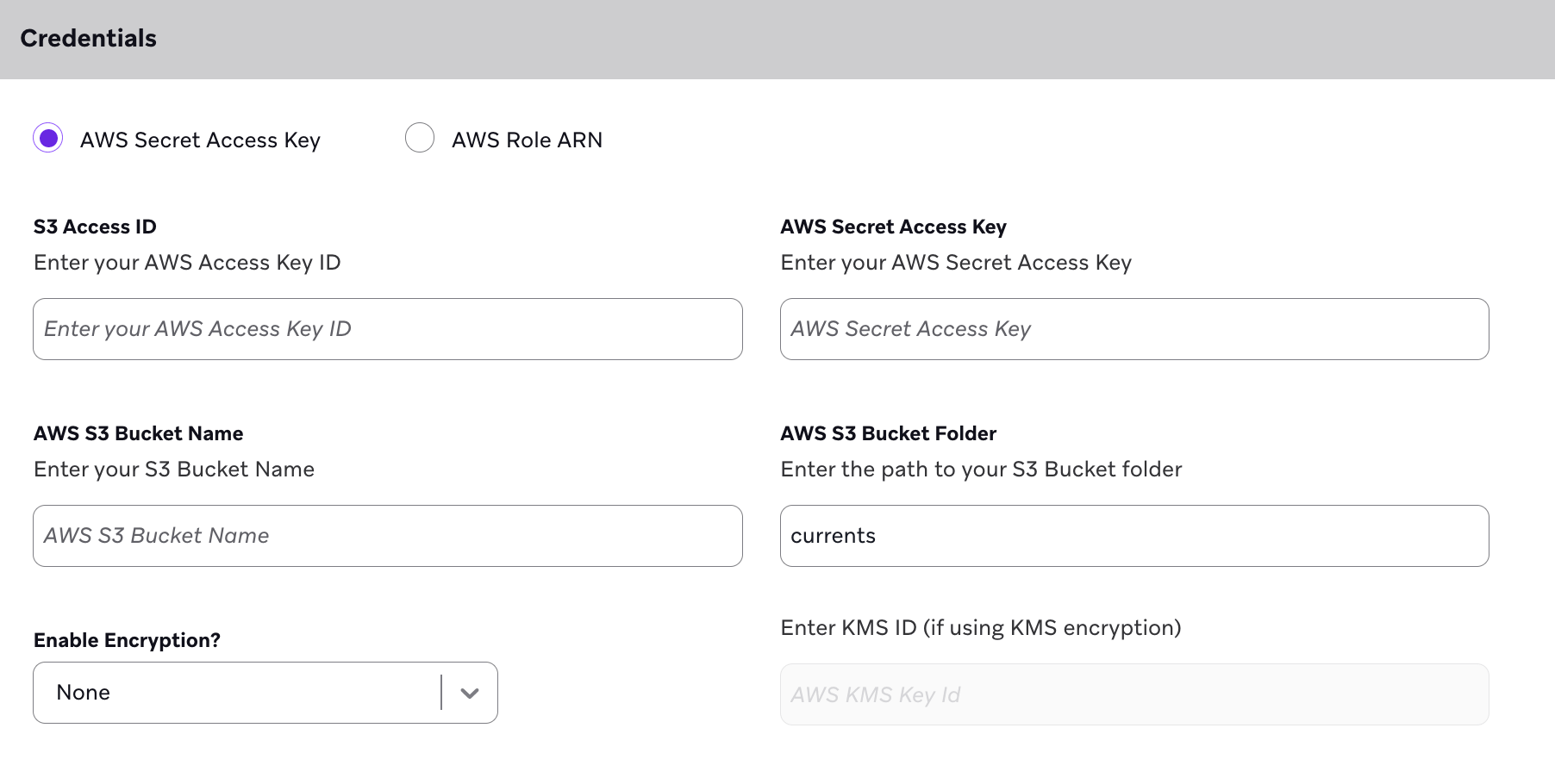 AWS シークレットアクセスキーの「認証情報」セクション。