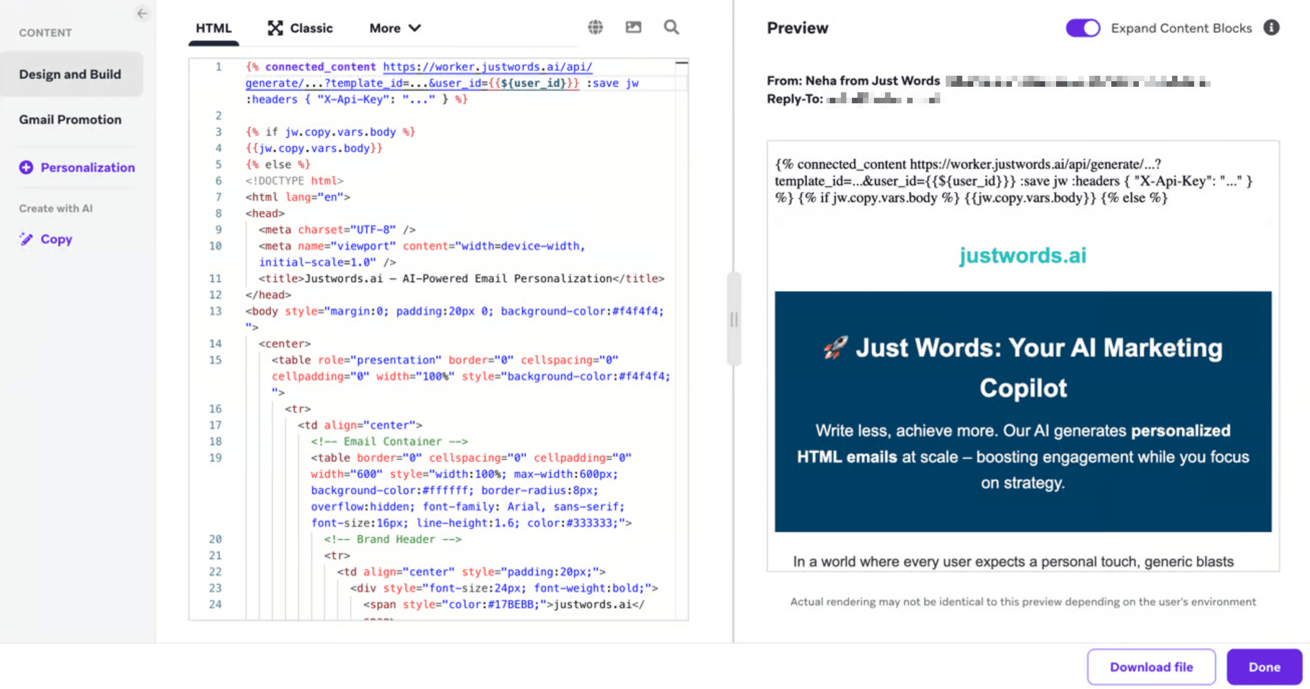 HTML メッセージ作成画面の Braze Liquid ロジック。