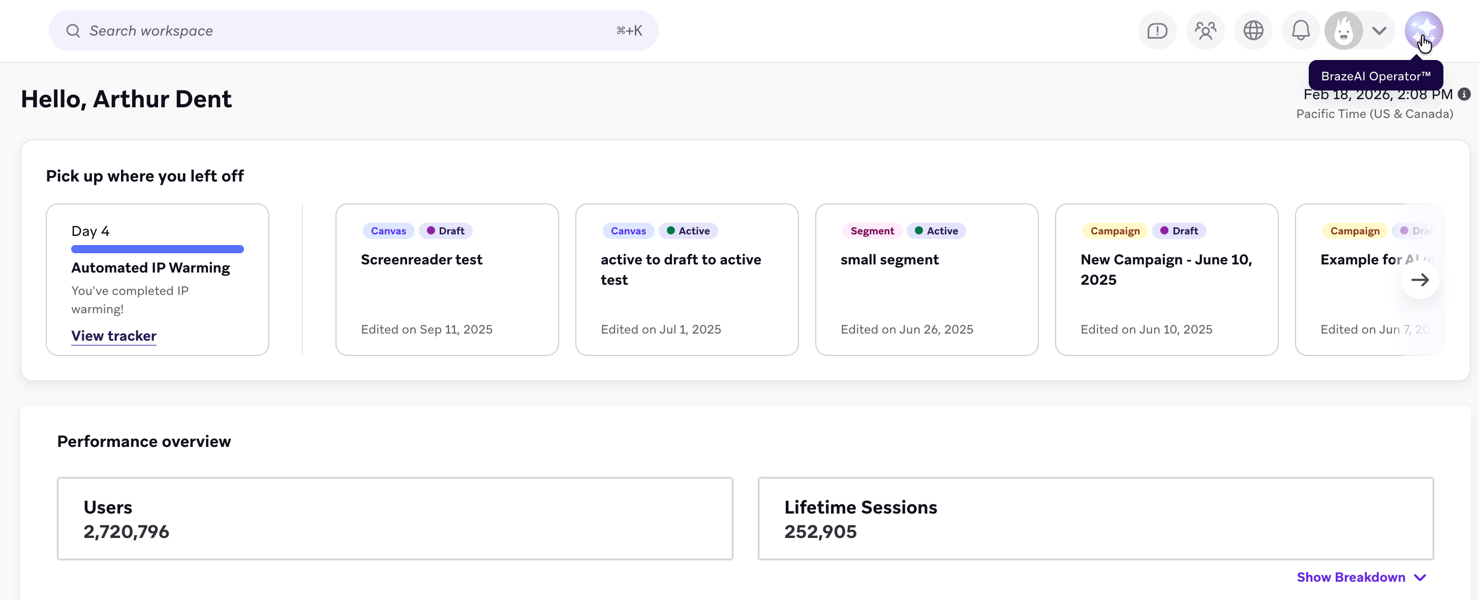 ユーザープロファイルの横にある BrazeAI Operator アイコン。