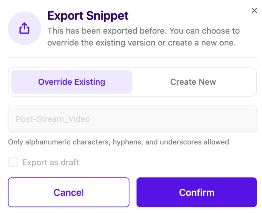 既存の Content Block を更新するために Override Existing を選択する画面