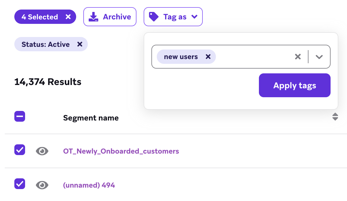 [タグ付けする] ドロップダウンフィールドで [CRM] を選択した状態で複数のセグメントを選択