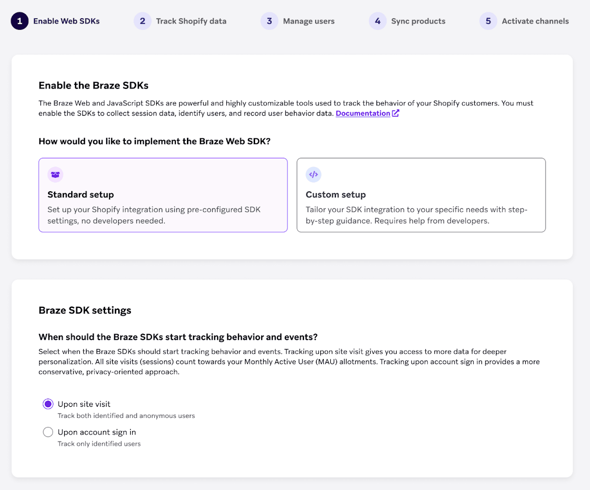 標準設定とカスタム設定のどちらで実装するかを選択できるオプションが表示された「Enable Web SDK」ステップ。