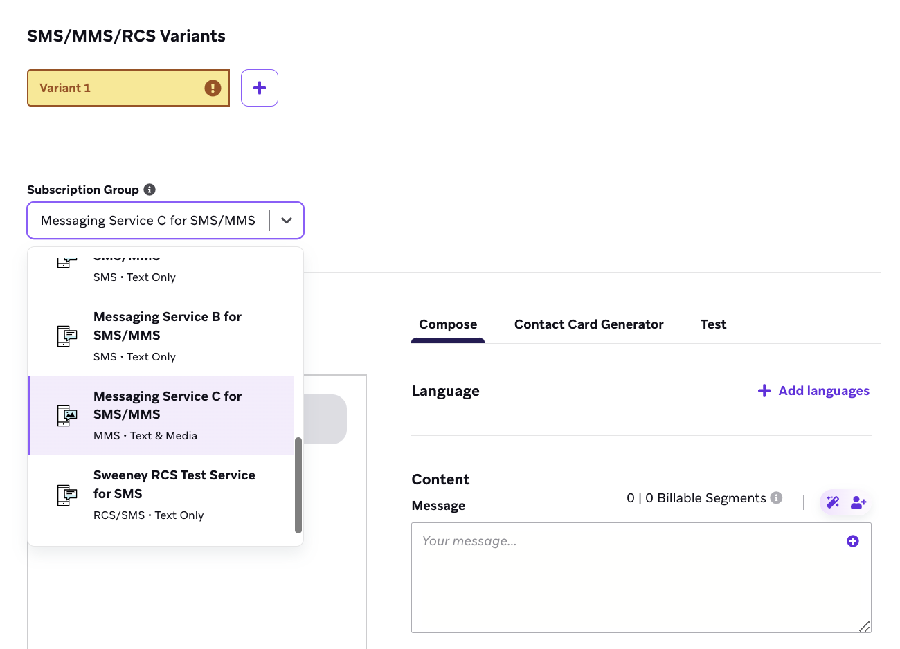 [Messaging Service A for SMS] が強調表示された購読グループのドロップダウン。エントリーの先頭に "MMS "というタグが付く。
