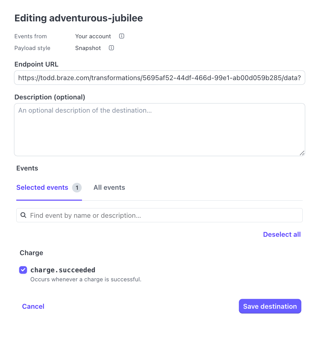 Stripe webhook 設定の例。