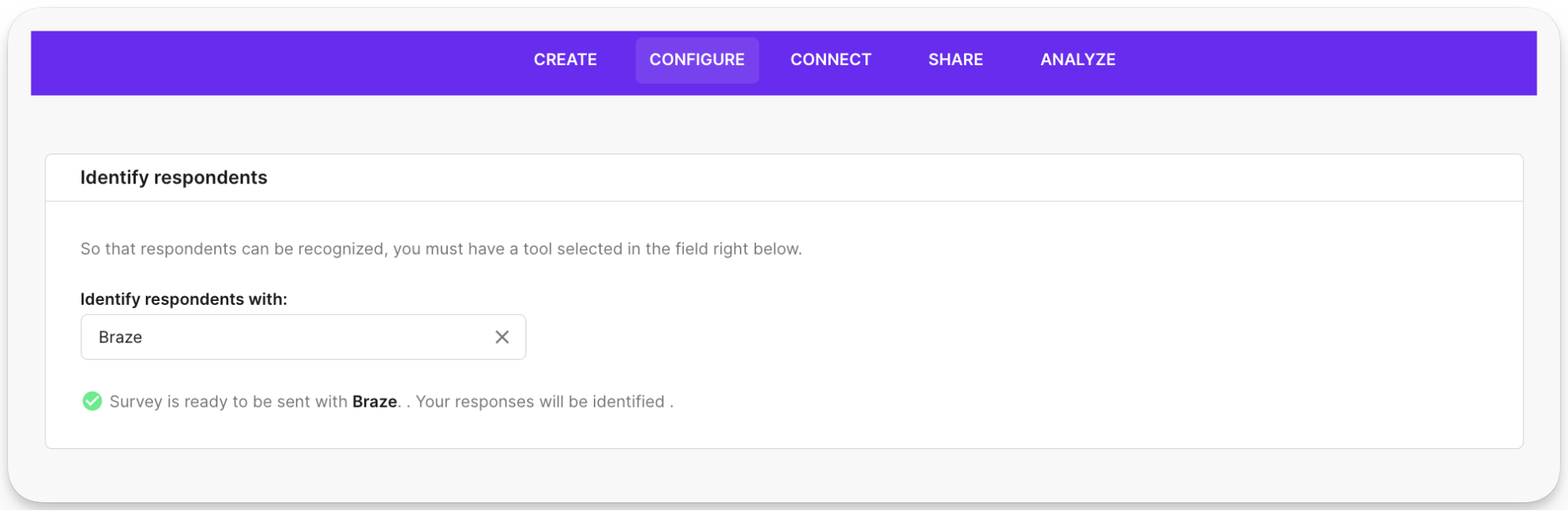 アンケートのConfigureタブでBrazeが選択されている。