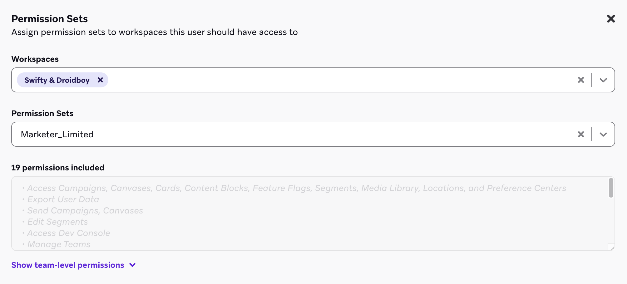"Swifty & Droidboy" ワークスペース のパーミッションセット。