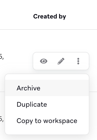 設定ドロップダウンメニューが拡張され、3つのオプションが表示される：Edit（編集）、Archive（アーカイブ）、Duplicate（複製）で、Archive（アーカイブ）オプションが強調表示される。