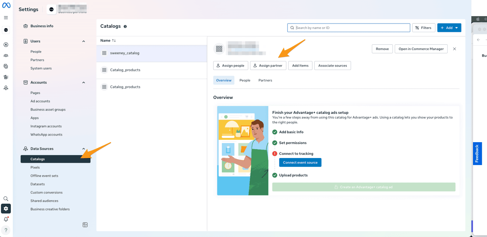 Meta の [Catalogs] ページ。「sweeney_catalog」というカタログの [Assign partner] ボタンを矢印が指している。