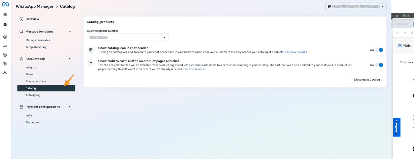 「Catalog_products」カタログの WhatsApp Manager 設定ページ。