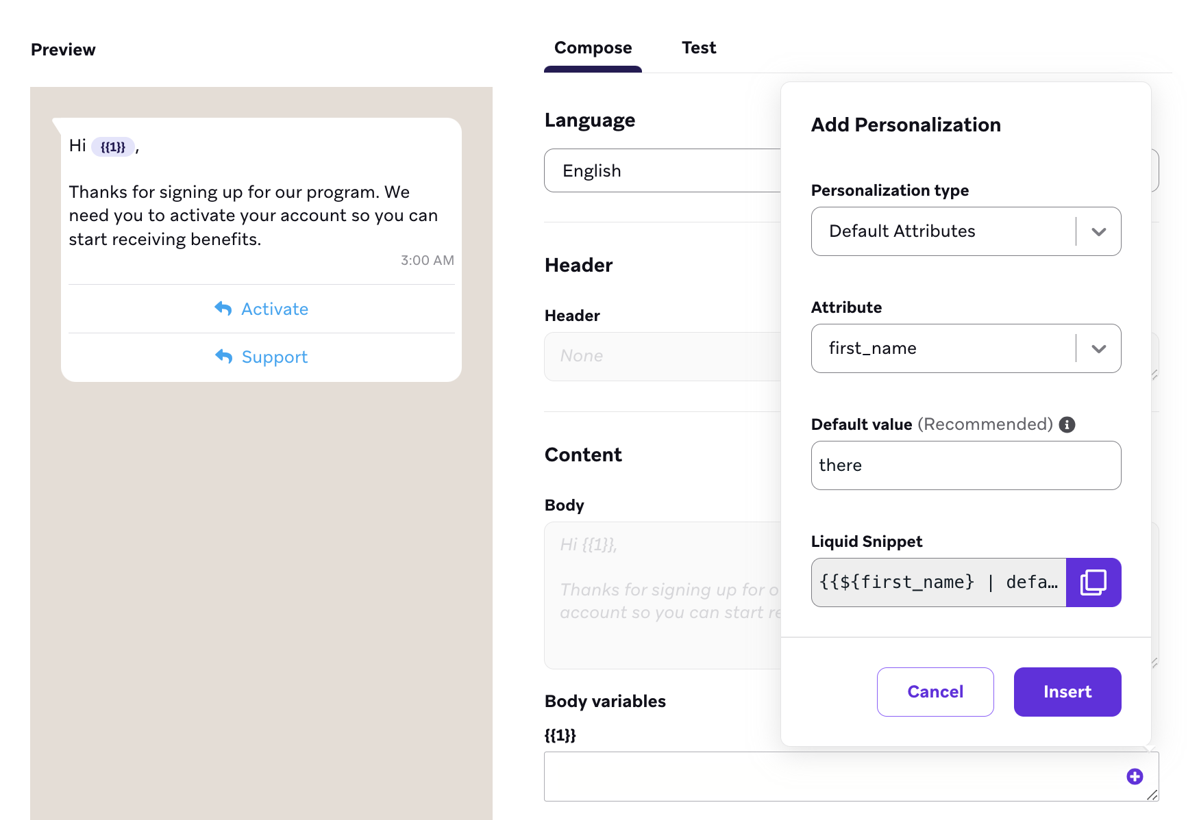 属性 "first_name" とデフォルト値 "you" を使用したパーソナライゼーション追加ツール。