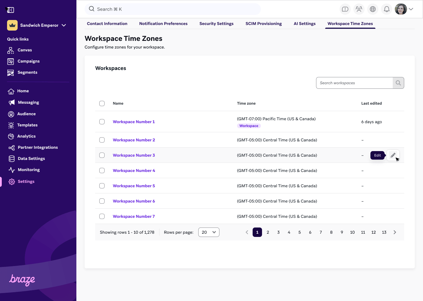 ワークスペース名の横にある「編集」ボタン。
