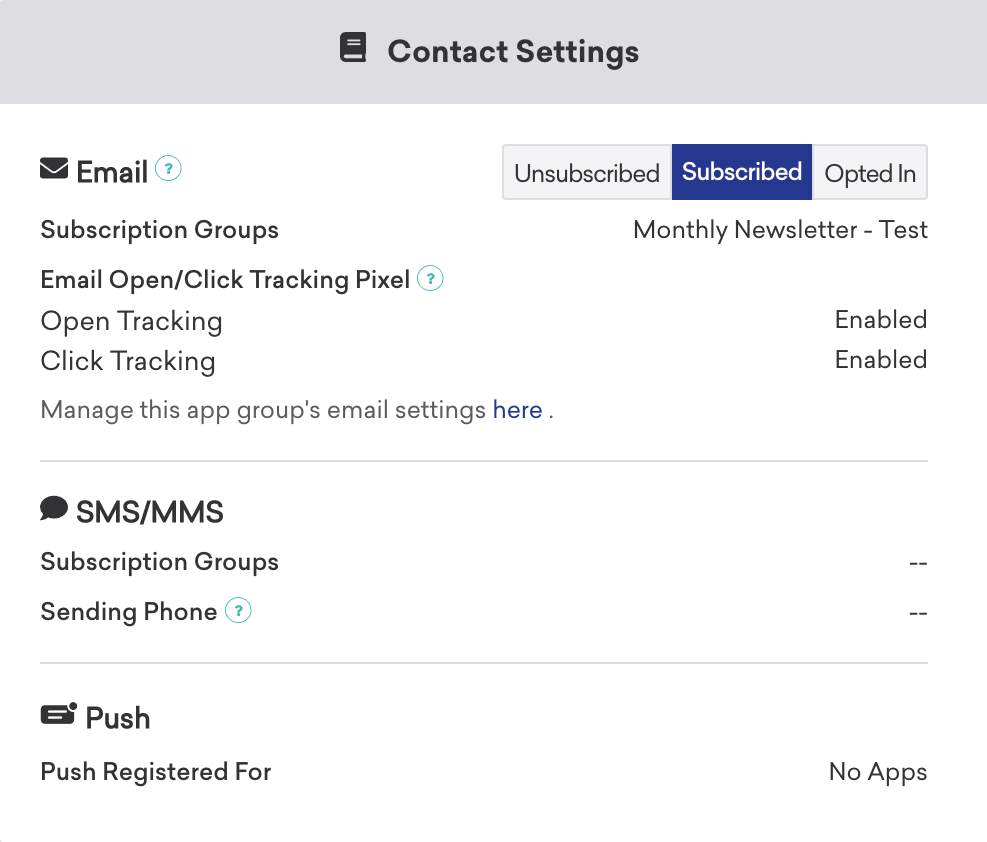 ユーザーの連絡先設定を表示するユーザープロファイル。ここでは、どのアプリがプッシュ通知に登録されているかを確認できます。