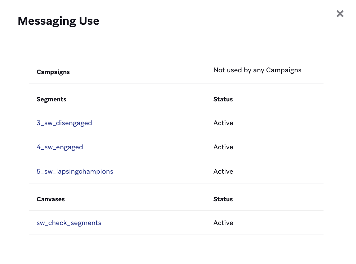 SQL セグメントの使用場所を示す SQL エディターの「Messaging Use」セクション。