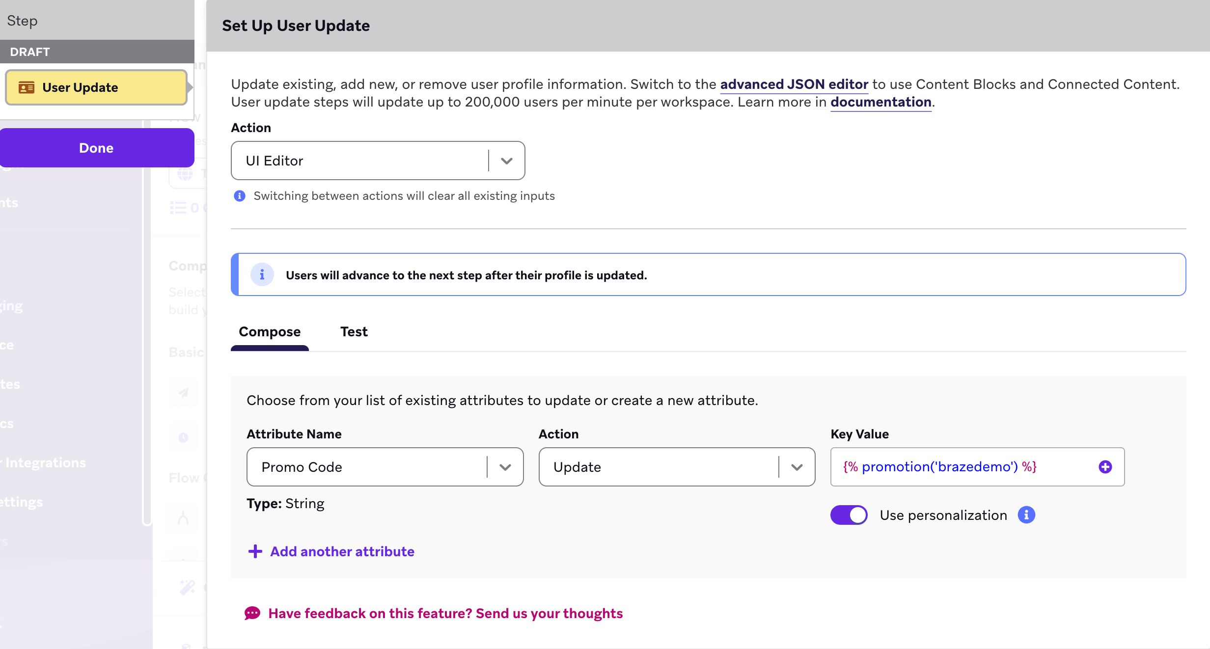 A User Update step that updates a "Promo Code" attribute with the Liquid snippet.