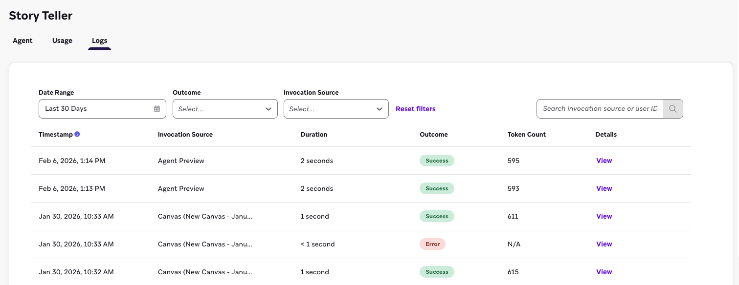상담원 스토리텔러의 로그에는 상담원이 언제 어디서 전화를 받았는지 포함됩니다.