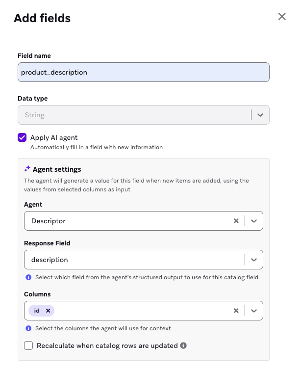 '설명자' 에이전트가 적용된 "product_description" 필드입니다. '설명' 출력이 응답 필드로 선택됩니다.