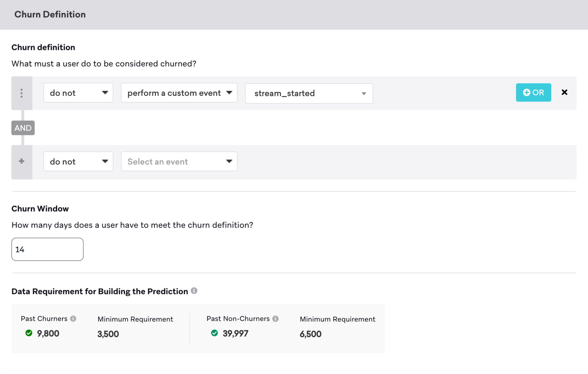 지난 14일 동안 커스텀 이벤트( "stream_started" )를 수행하지 않은 사용자로 정의된 이탈을 보여주는 이탈 정의.
