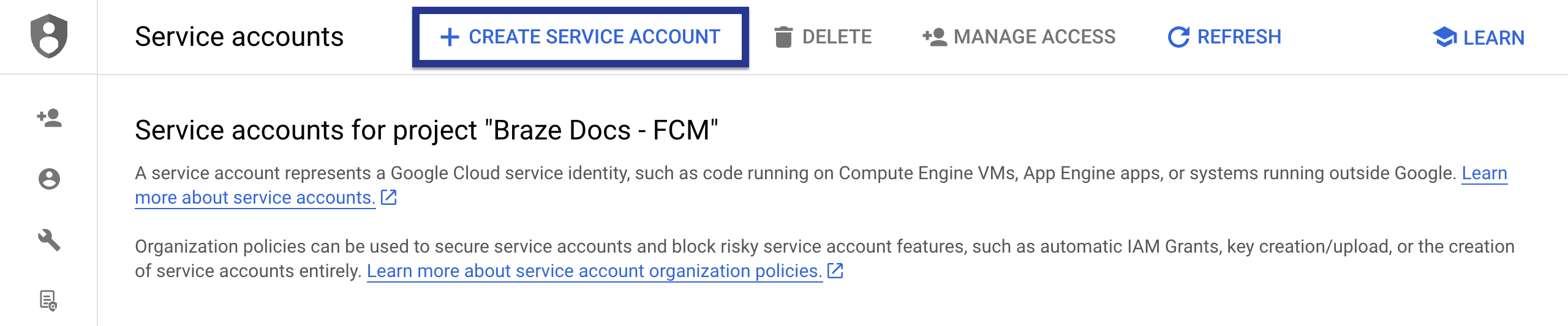 A project's service account home page with "Create Service Account" highlighted.
