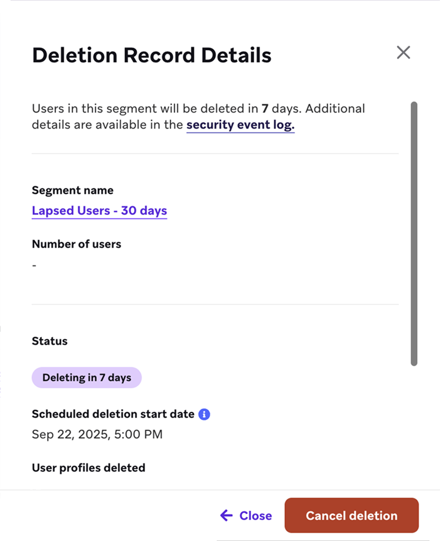 '사용자 삭제' 탭의 '삭제 기록 세부 정보' 창.