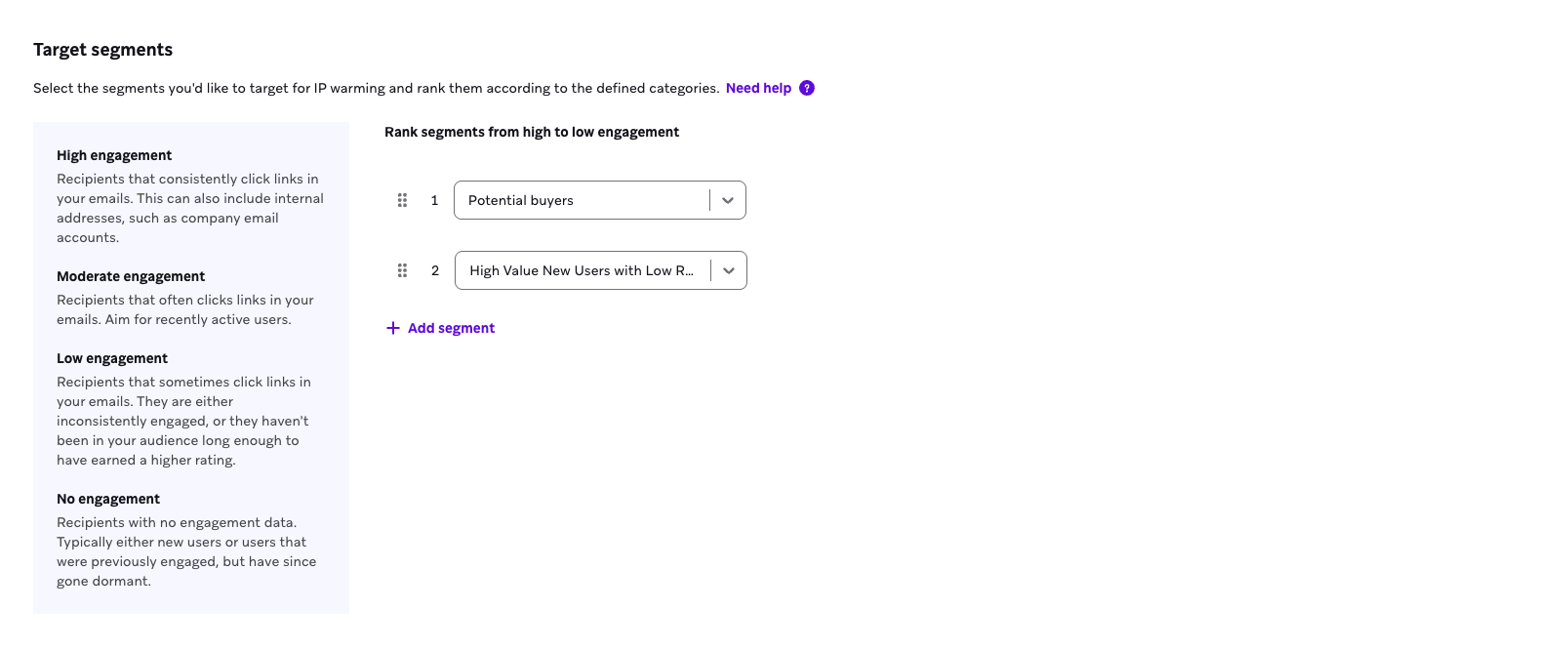 자동화된 IP 워밍을 위해 타겟으로 선택된 두 개의 세그먼트.
