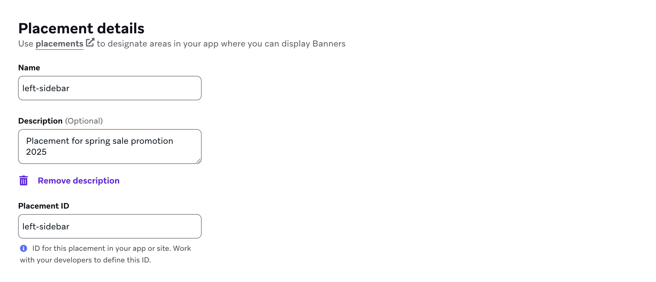 Placement details that designate a Banner will display in the left sidebar for spring sale promotion campaigns.