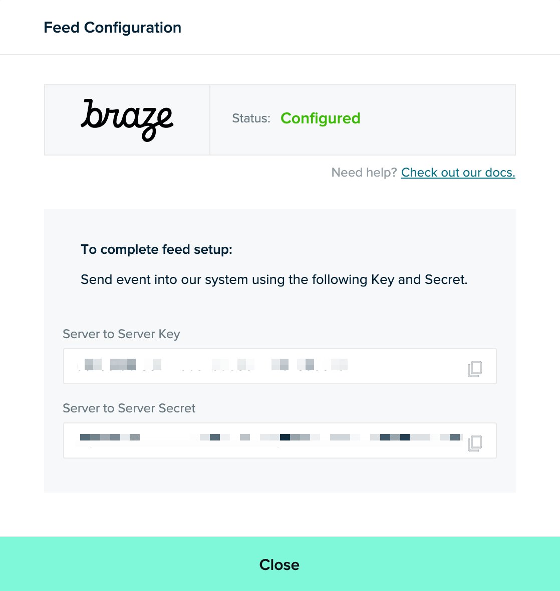 서버 간 키와 서버 간 비밀을 보여주는 두 번째 통합 대화상자.