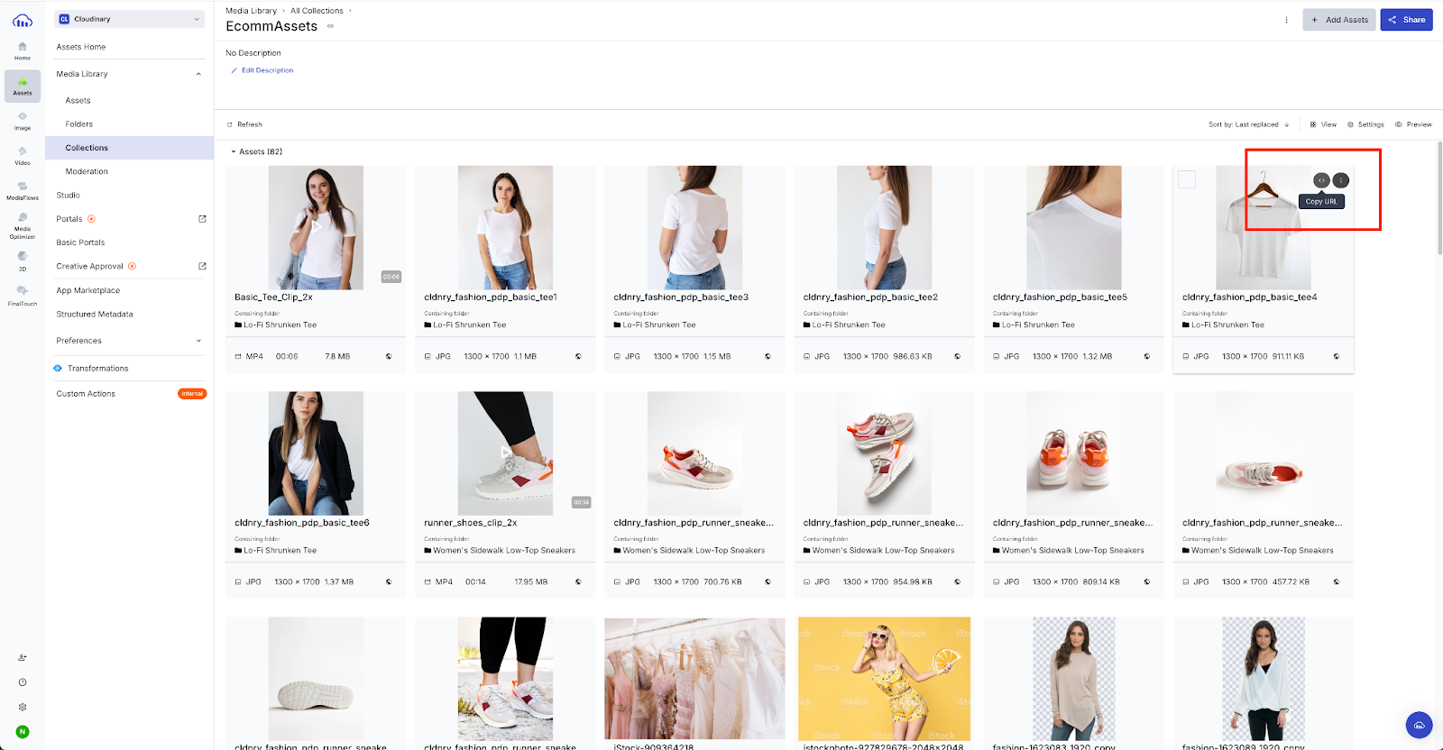 이미지 중 하나의 오른쪽 상단에 강조 표시된 'URL 복사' 도구 설명이 표시된 Cloudinary의 이미지 자산 라이브러리 그리드 보기입니다.
