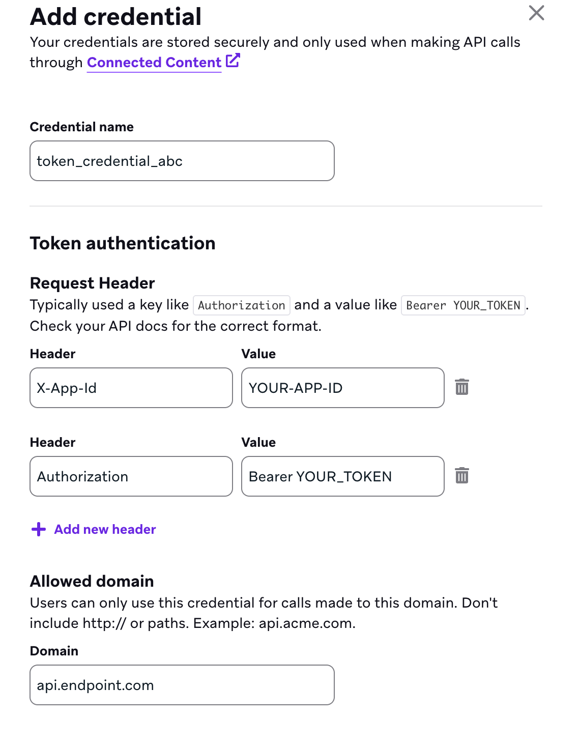 토큰 인증 세부 정보가 포함된 토큰 예시( "token_credential_abc" ).