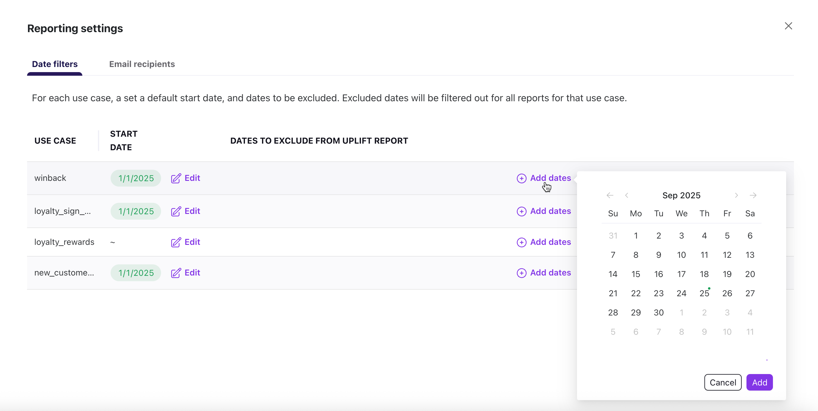BrazeAI Decisioning Studio™에서 기본 시작 날짜를 설정하고 특정 날짜를 보고서에서 제외하는 옵션을 보여주는 설정 패널이 열려 있습니다. 이 패널에는 기본 시작 날짜 및 제외 날짜라는 두 섹션이 표시됩니다. 날짜 제외 아래에 여러 날짜가 각 날짜 옆에 확인란과 함께 나열됩니다.