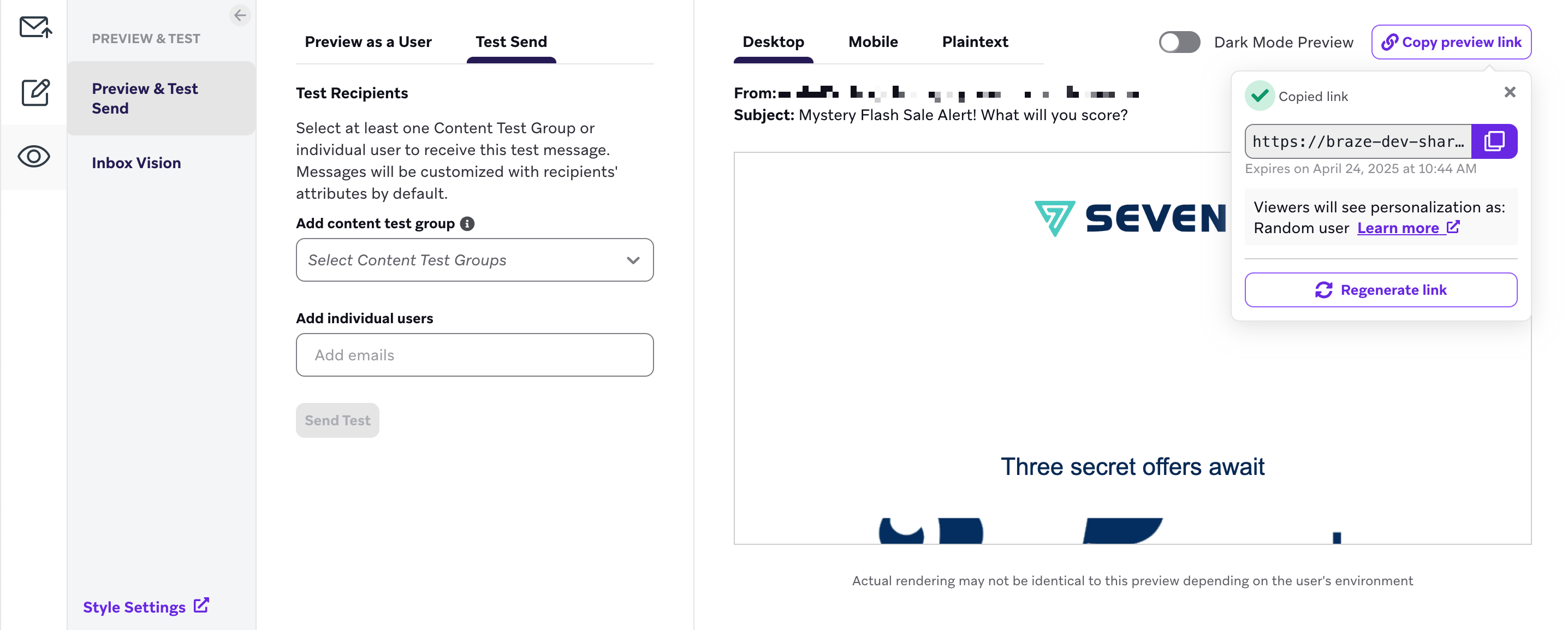 Email preview with a button to "Copy preview link" and copy the generated link.