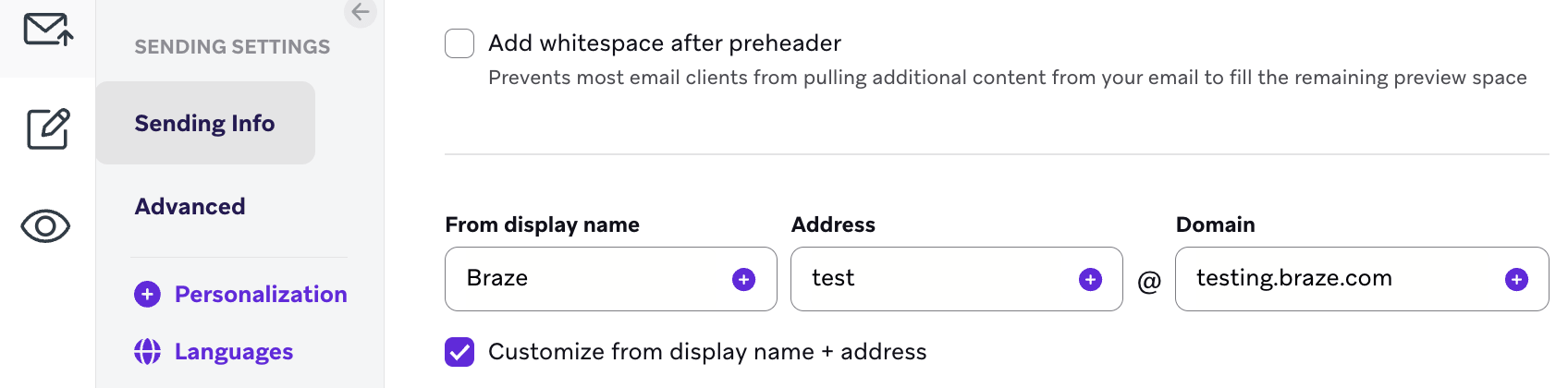 발신 표시 이름, 주소 및 도메인을 커스터마이즈하기 위한 필드가 있는 발송 설정.