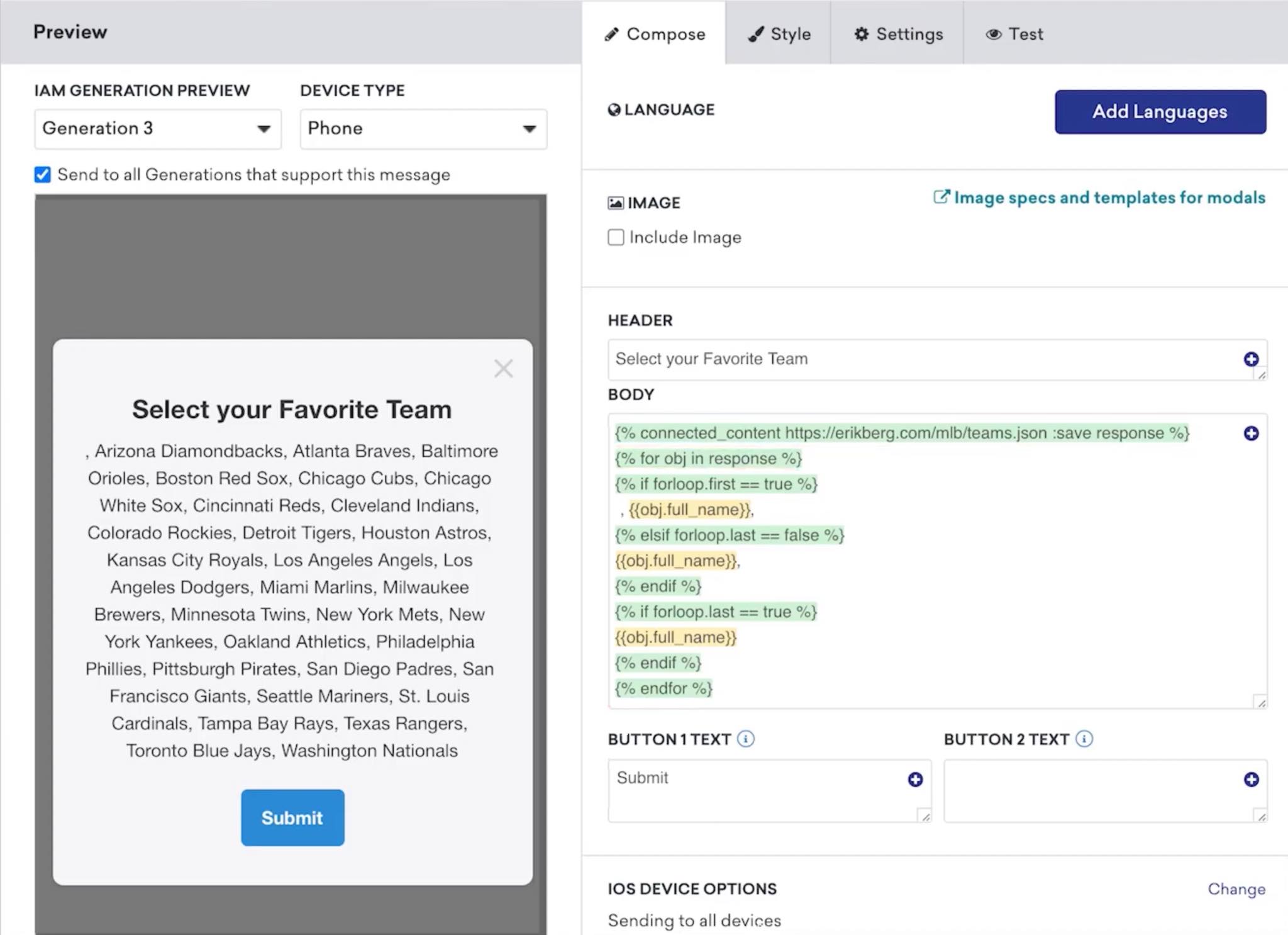 인앱 메시지 작성기는 인앱 메시지의 모양에 대한 미리보기를 보여주지만 대신 Braze에 제공한 항목 목록을 표시합니다. Braze UI는 커스텀 인앱 메시지 UI를 휴대폰으로 전송하지 않으면 표시하지 않으므로, 미리보기는 메시지의 실제 모양을 나타내지 않습니다. 따라서 전송하기 전에 테스트하는 것을 좋습니다.