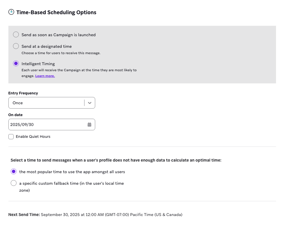 Campaign scheduling screen showing Intelligent Timing with fallback time and Quiet Hours settings