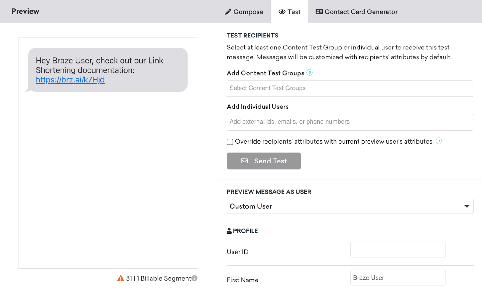 테스트 수신자를 선택하는 필드가 있는 메시지 "테스트" 탭.