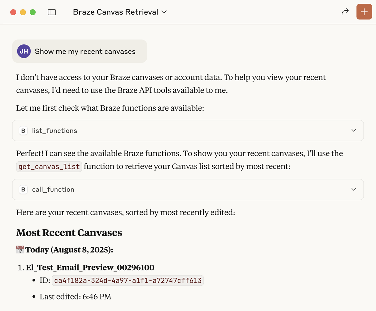 '내 최근 캔버스를 보여줘'가 클로드에서 질문되고 답변됩니다.