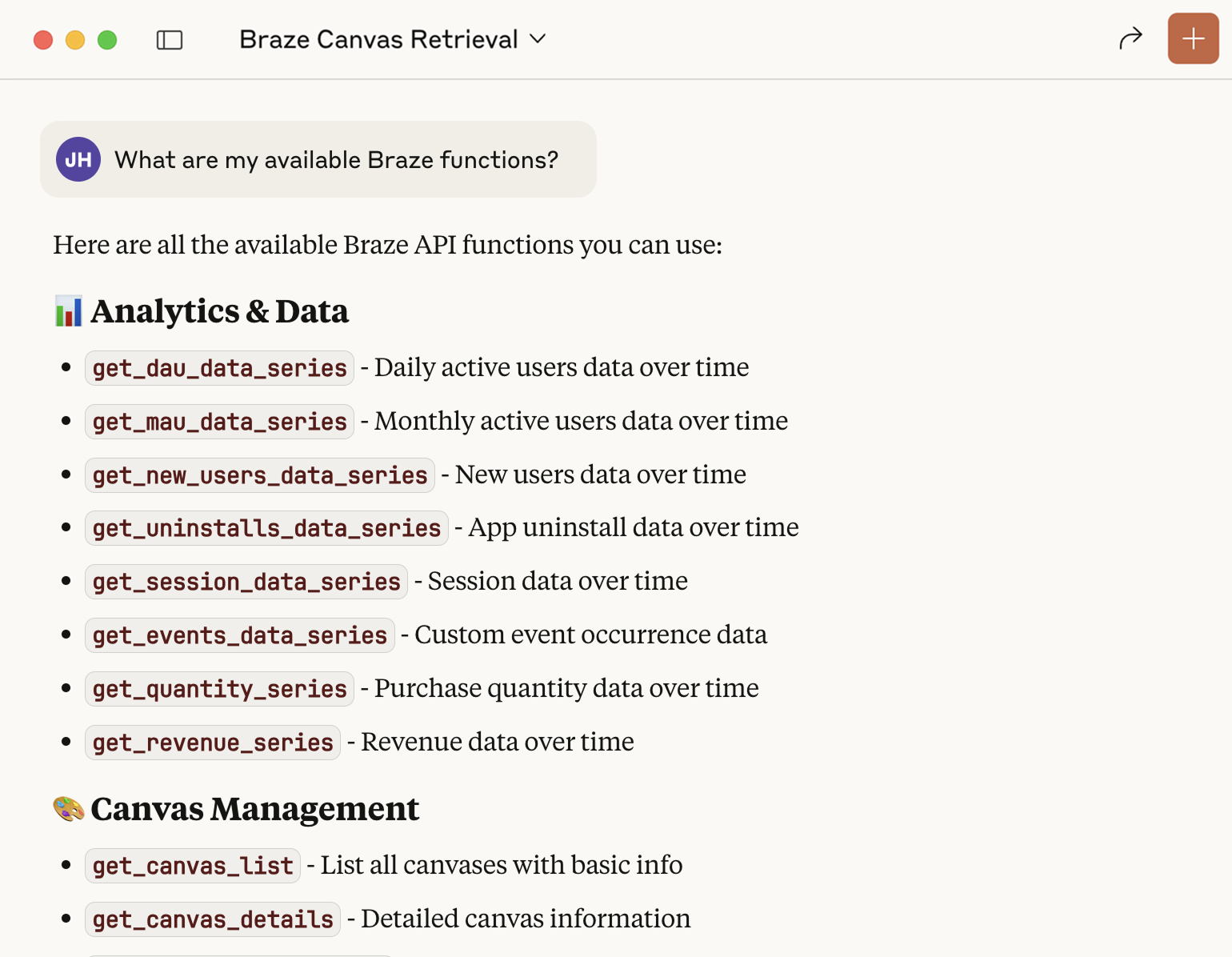 '내가 사용할 수 있는 Braze 기능은 무엇인가요?'가 Claude에서 질문되고 답변됩니다.