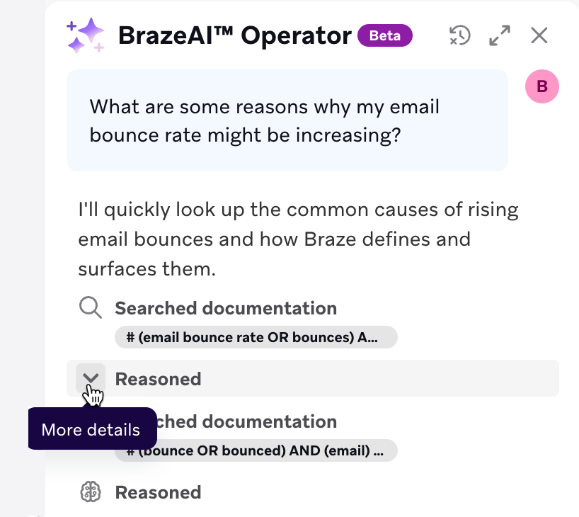 운영자가 어떻게 답변했는지에 대한 자세한 내용이 포함된 '추론됨' 드롭다운이 확장되었습니다.
