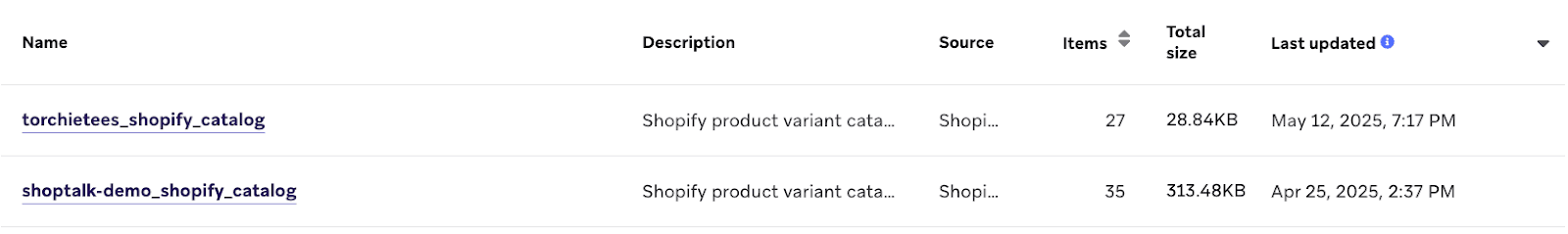 카탈로그 이름에 Shopify 스토어 이름이 포함된 Shopify 카탈로그.