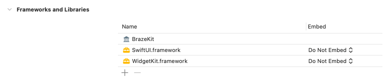 샘플 Xcode 프로젝트의 프레임워크 및 라이브러리 아래 BrazeKit 프레임워크.