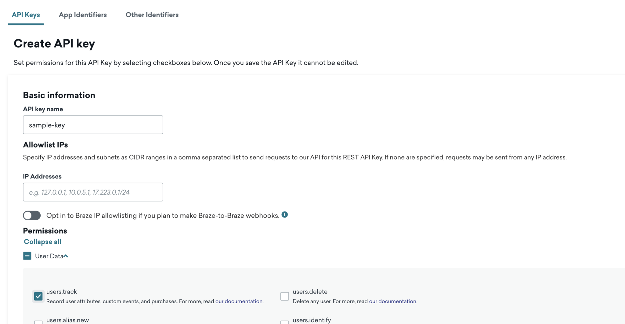 Braze에서 API 키 생성하기.